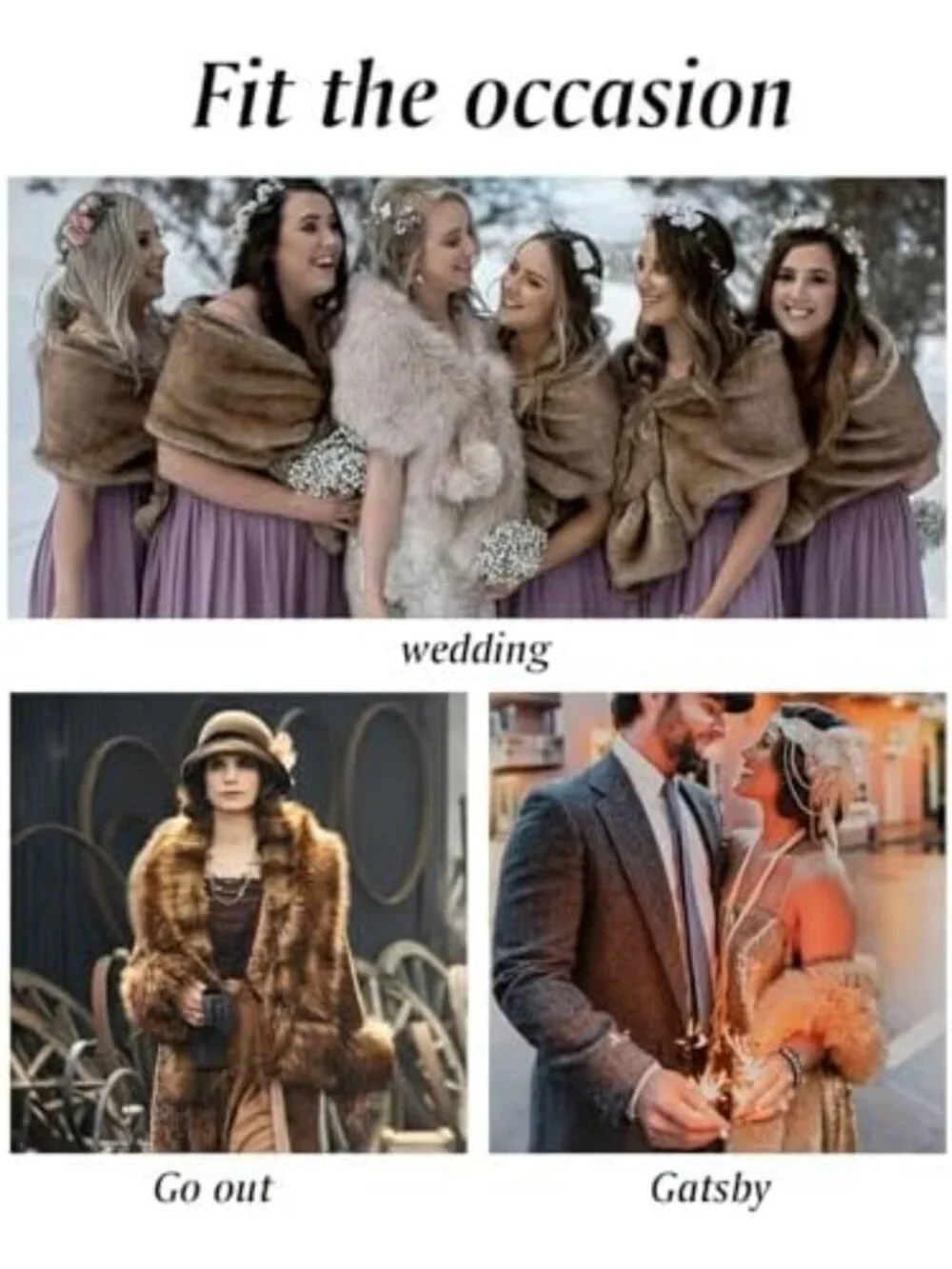 Chic Faux Fur Shawl Wrap with Fox Fur Trim Collar for Evening Dresses & Weddings